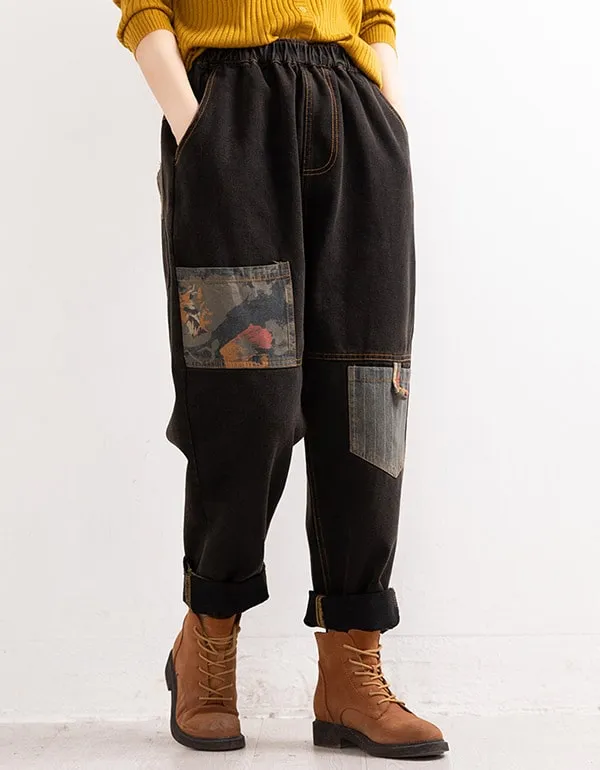 Embroidery Printed Retro Denim Harem Trousers