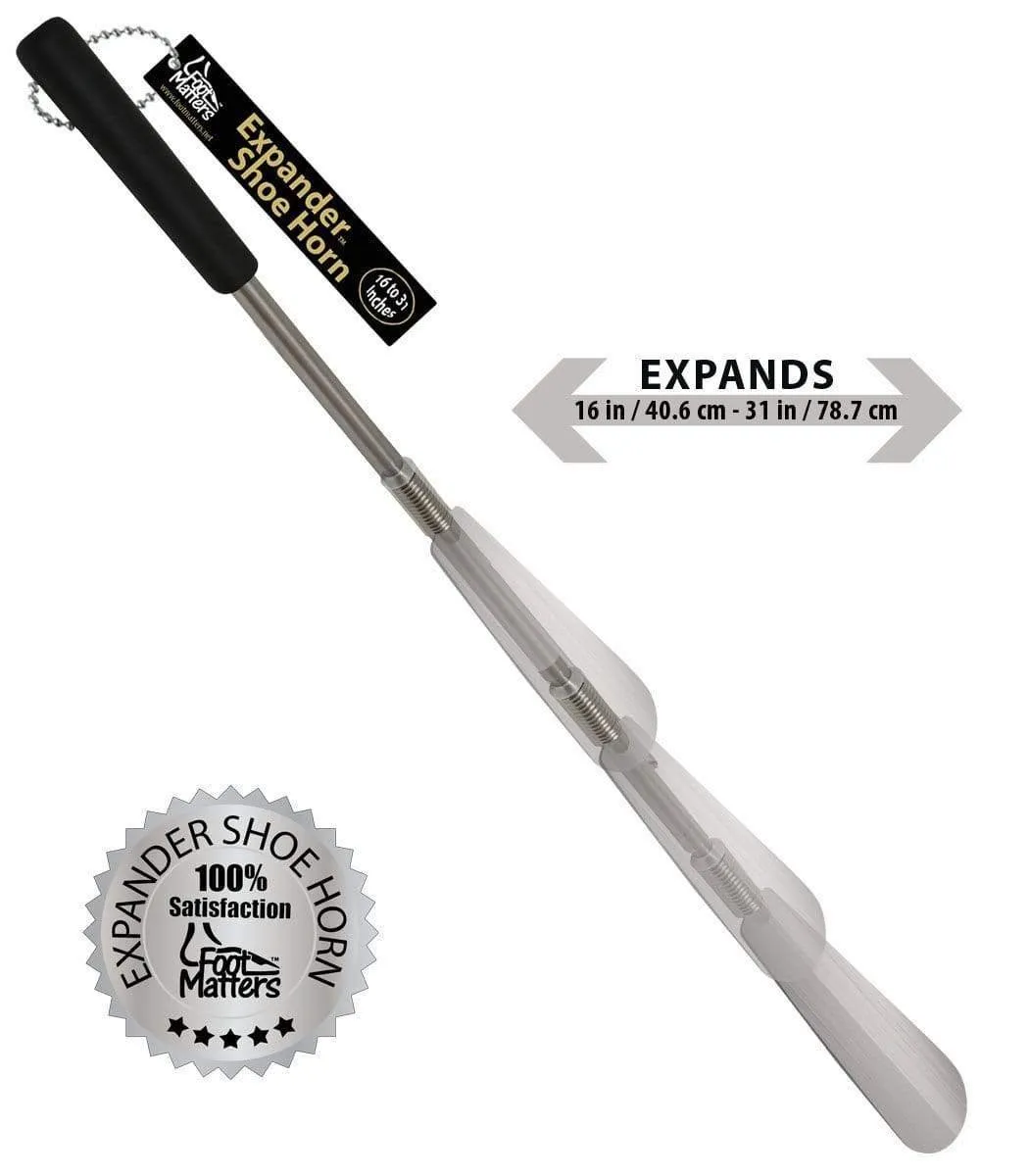 FootMatters Long Handled Metal Expander Shoe Horn Flex Spring End - Extendable & Collapsible 16" to 31"