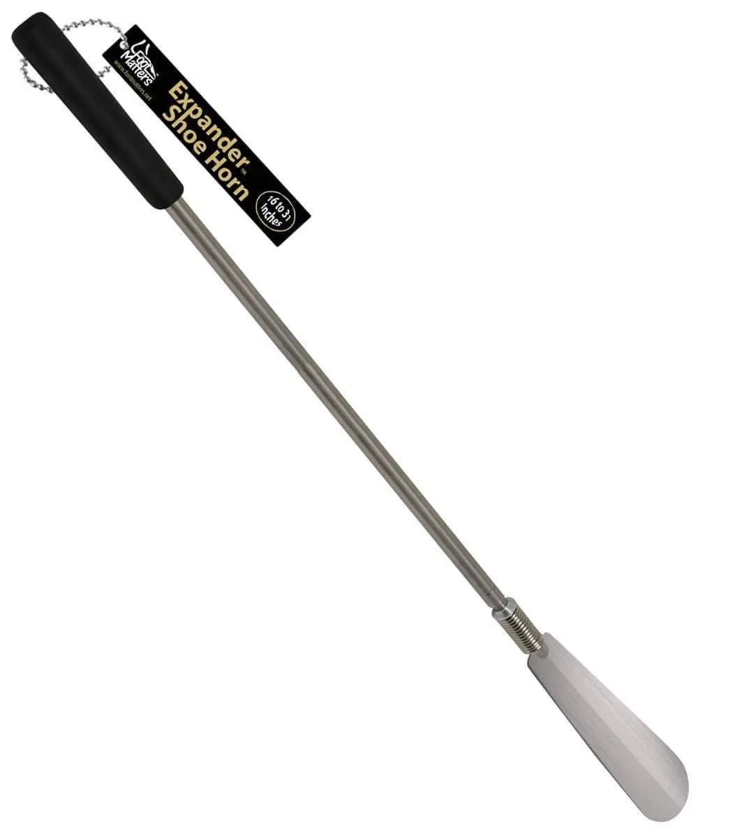 FootMatters Long Handled Metal Expander Shoe Horn Flex Spring End - Extendable & Collapsible 16" to 31"