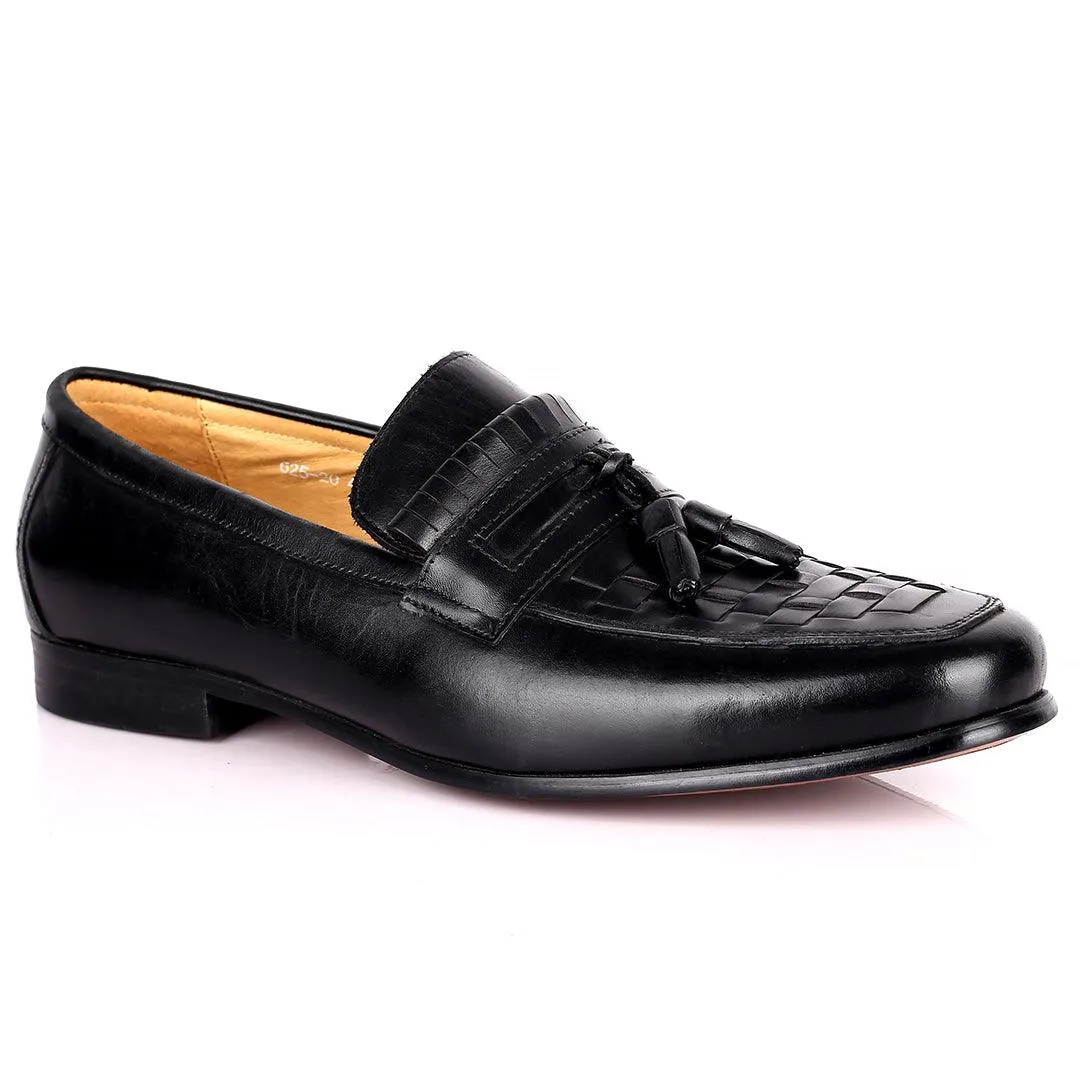 Gian Elegant Checkers And Fringe Designed Loafers Shoe - Black