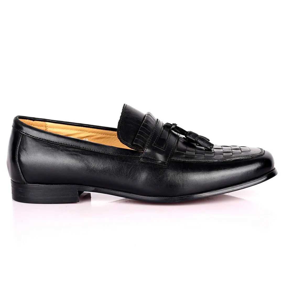 Gian Elegant Checkers And Fringe Designed Loafers Shoe - Black