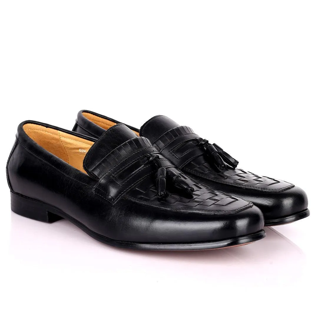 Gian Elegant Checkers And Fringe Designed Loafers Shoe - Black