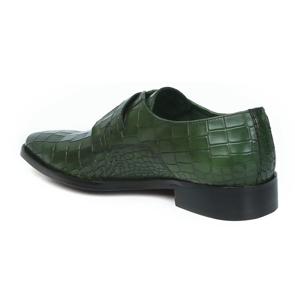 Green Deep Cut Leather Slant Toe Derby Monk Strap Shoes