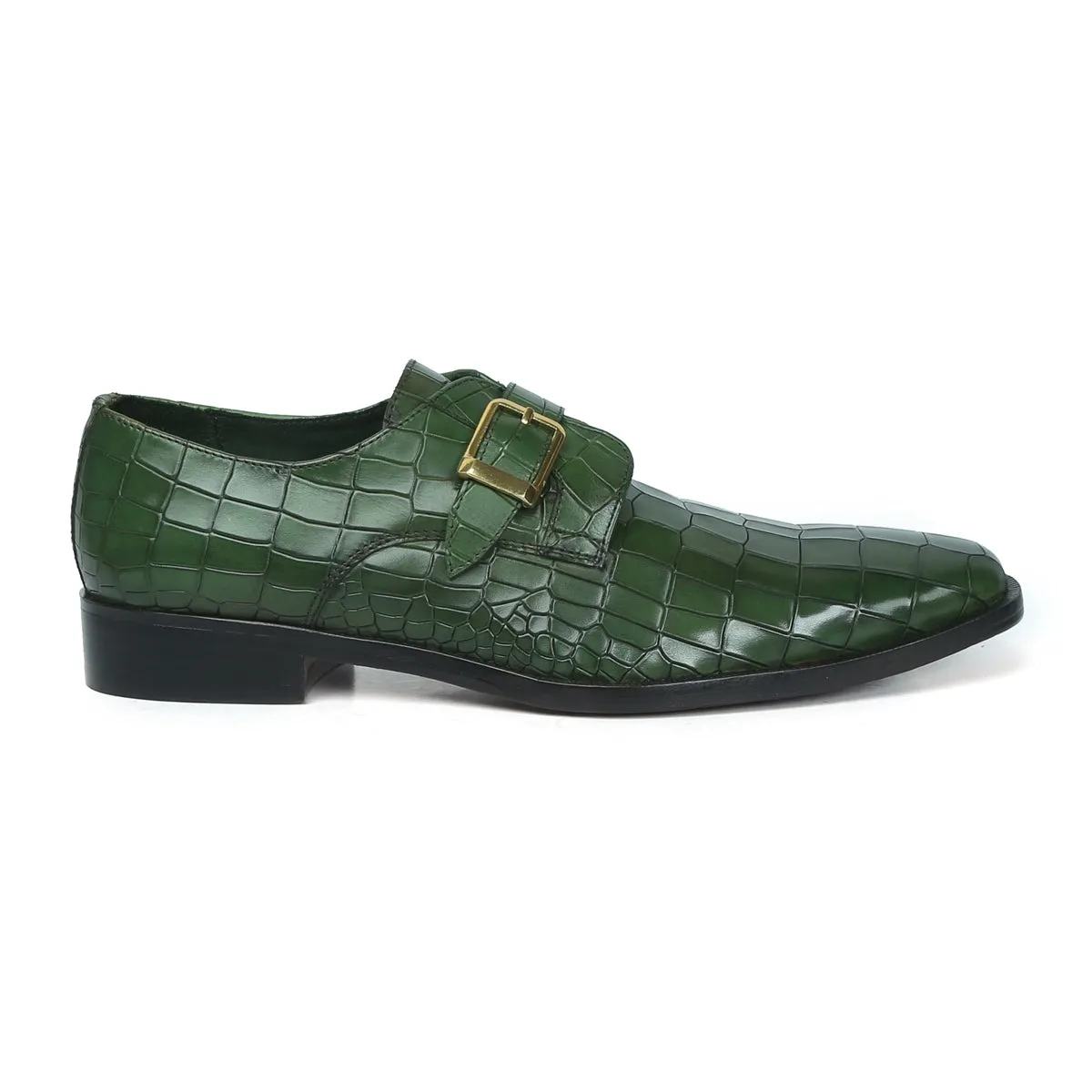 Green Deep Cut Leather Slant Toe Derby Monk Strap Shoes