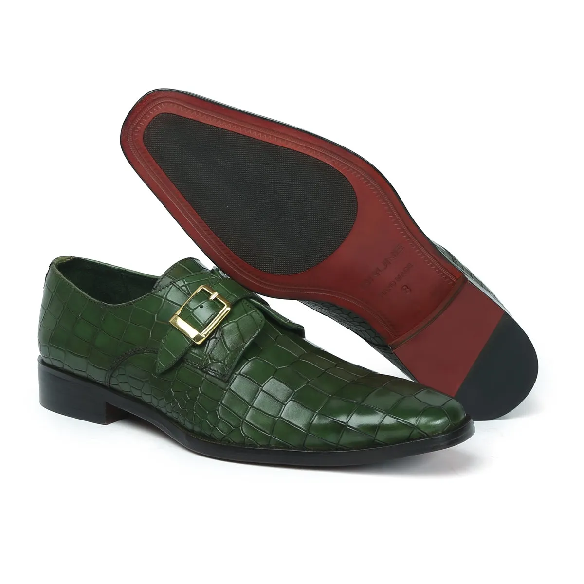 Green Deep Cut Leather Slant Toe Derby Monk Strap Shoes