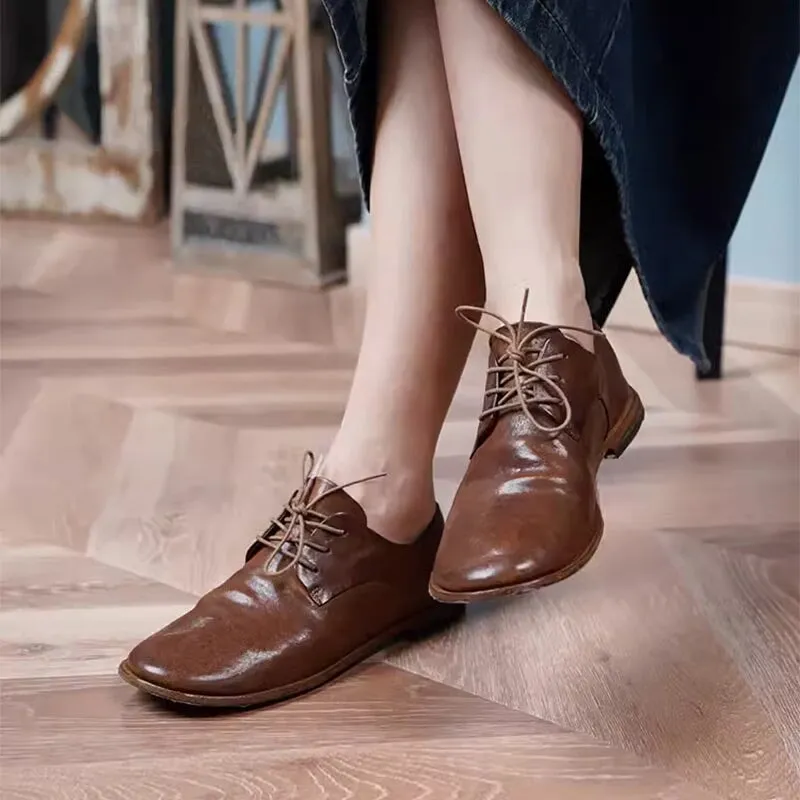 Hand Stitching Leather Derby Shoes For Women Lace Up Oxfords Leather Sole in Brown/Black