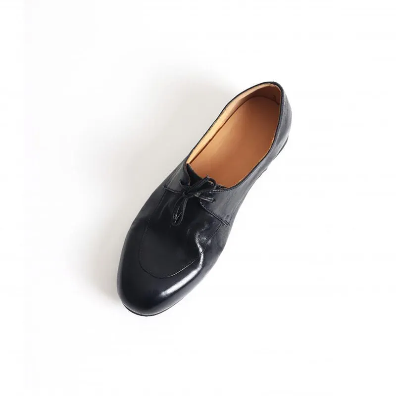 Handmade Leather Lace Up Derby Shoes For Women Soft Oxfords&Tie Shoes in Black