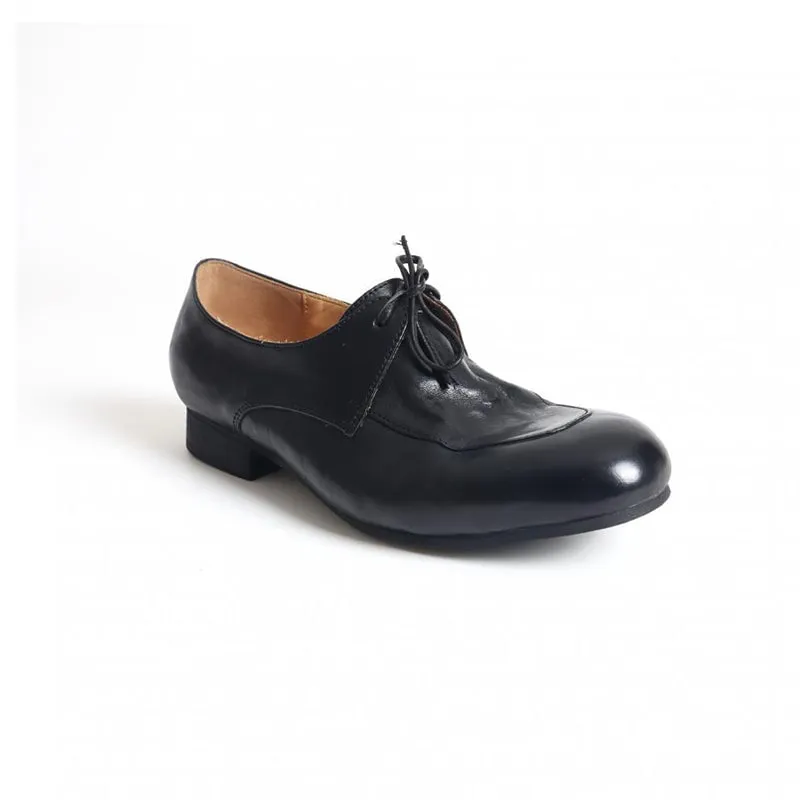 Handmade Leather Lace Up Derby Shoes For Women Soft Oxfords&Tie Shoes in Black