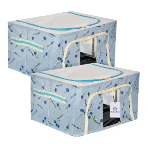 Heart Home Storage Box | Steel Frame Living Box | Storage Organizer For Clothes | Saree Cover for Woman | Good Luck Print Cloth Organizer | 22 Liter | Pack of 2 |Sky Blue