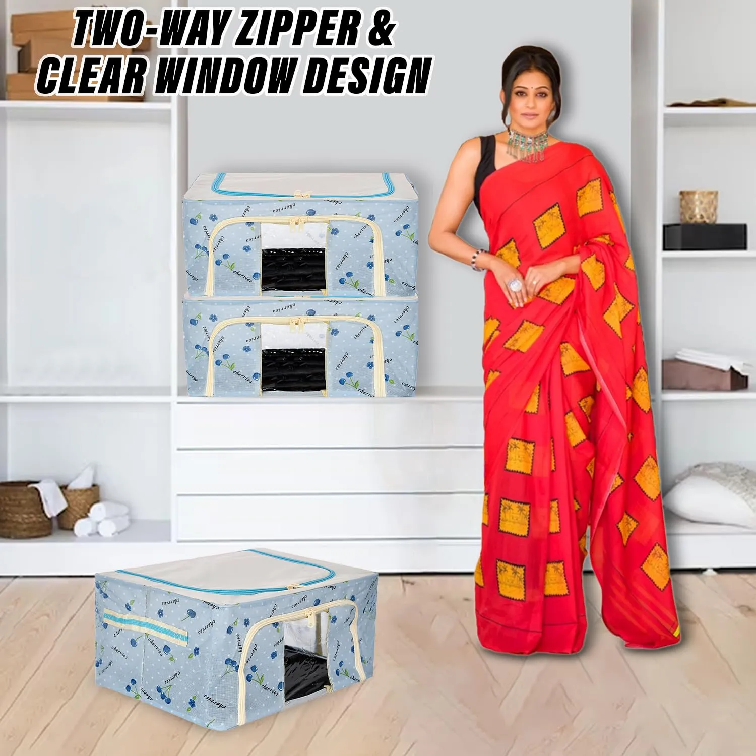 Heart Home Storage Box | Steel Frame Living Box | Storage Organizer For Clothes | Saree Cover for Woman | Good Luck Print Cloth Organizer | 22 Liter | Pack of 2 |Sky Blue