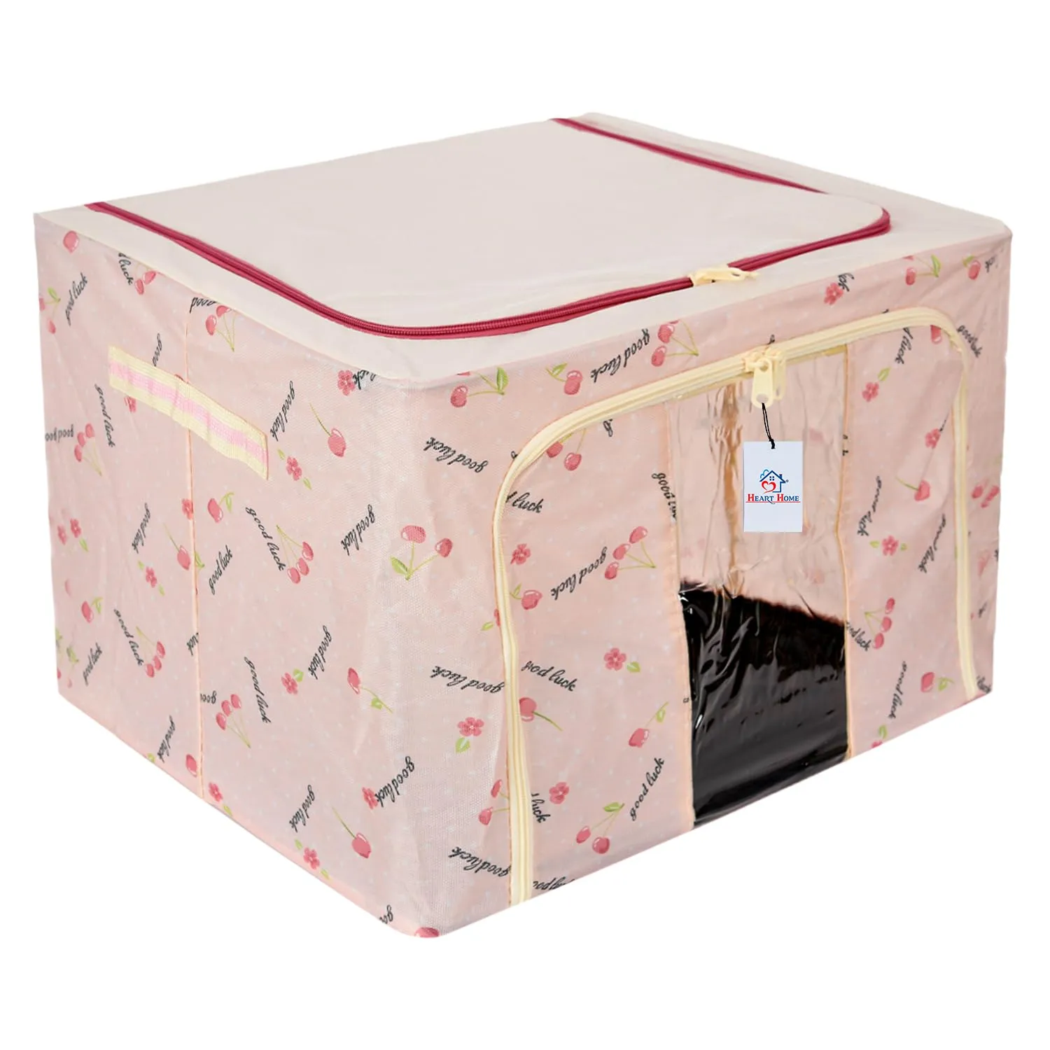 Heart Home Storage Box | Steel Frame Living Box | Storage Organizer For Clothes | Saree Cover for Woman | Good Luck Print Cloth Organizer | 66 Liter | Pink