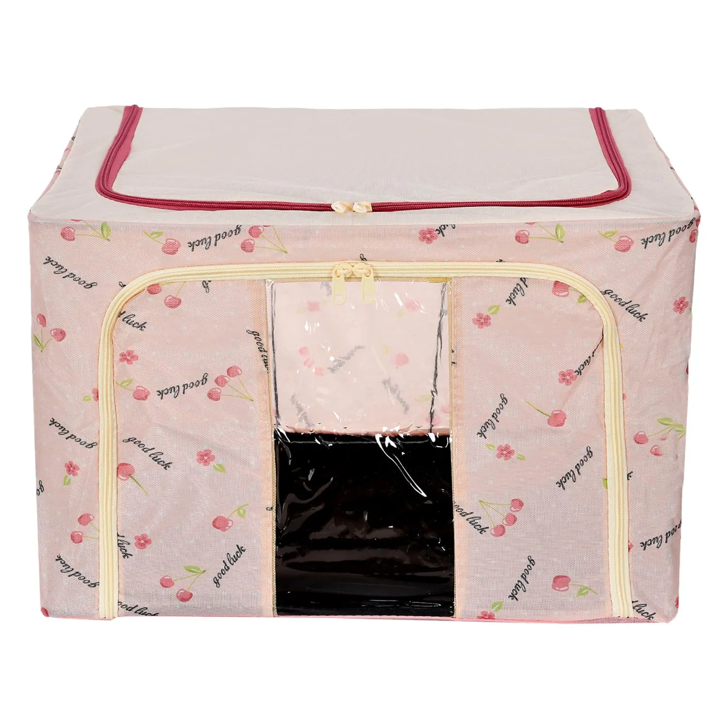 Heart Home Storage Box | Steel Frame Living Box | Storage Organizer For Clothes | Saree Cover for Woman | Good Luck Print Cloth Organizer | 66 Liter | Pink