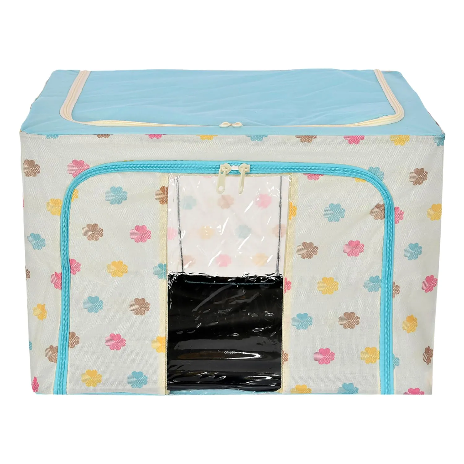 Heart Home Storage Box | Steel Frame Living Box | Storage Organizer For Clothes | Saree Cover for Woman | Multi Flower Print Cloth Organizer | 66 Liter | Sky Blue