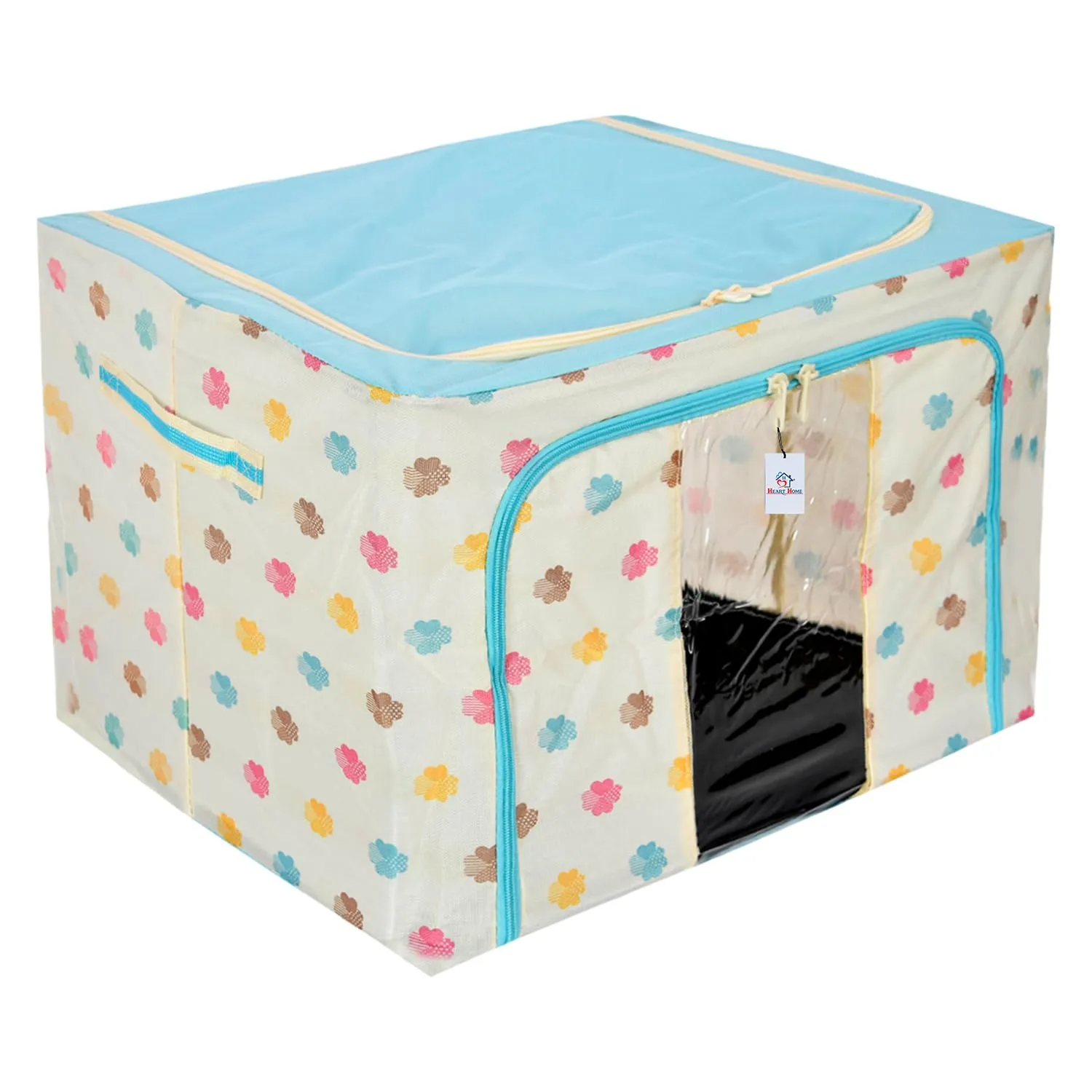 Heart Home Storage Box | Steel Frame Living Box | Storage Organizer For Clothes | Saree Cover for Woman | Multi Flower Print Cloth Organizer | 66 Liter | Sky Blue