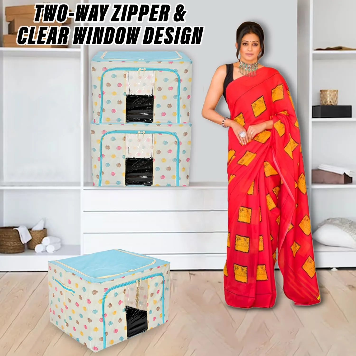 Heart Home Storage Box | Steel Frame Living Box | Storage Organizer For Clothes | Saree Cover for Woman | Multi Flower Print Cloth Organizer | 66 Liter | Sky Blue