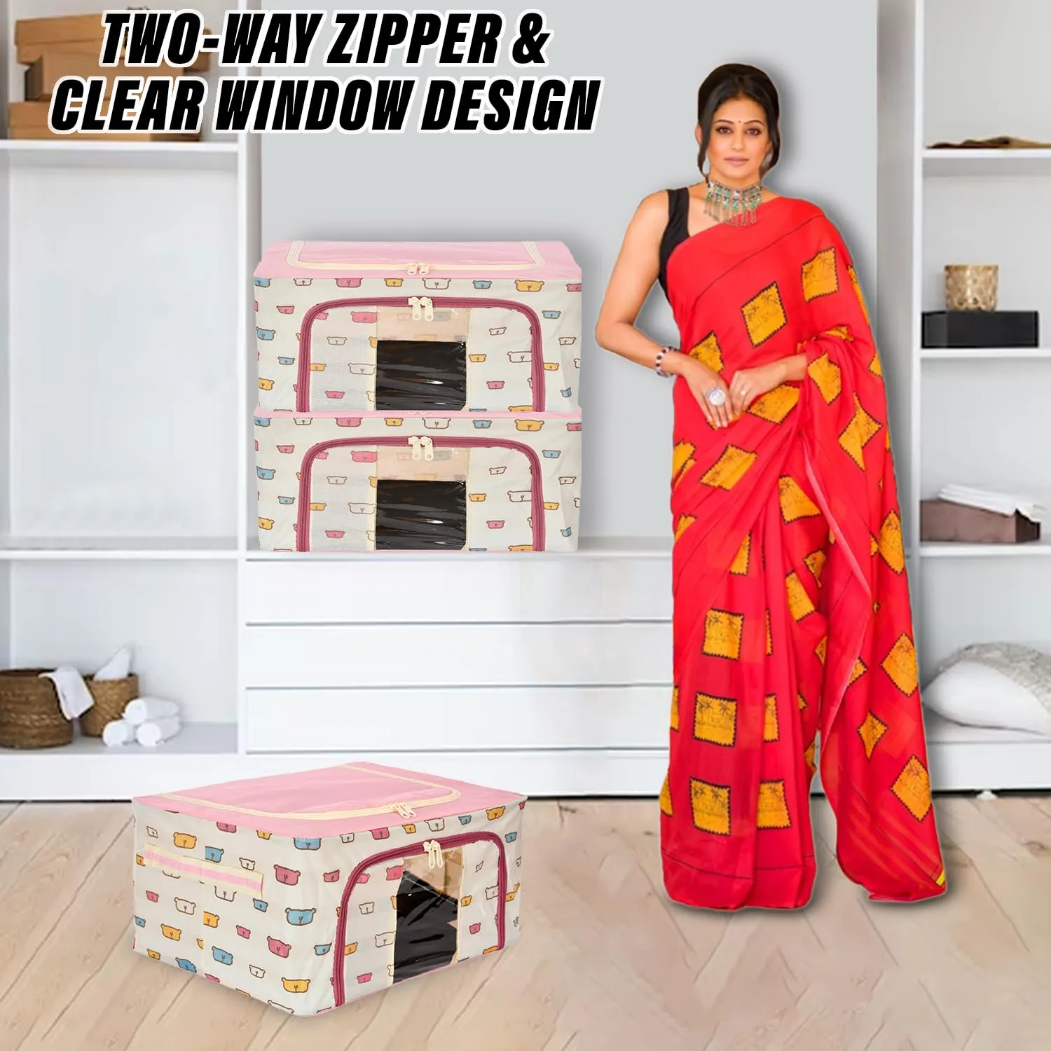 Heart Home Storage Box | Steel Frame Living Box | Storage Organizer For Clothes | Saree Cover for Woman | Teddy Print Cloth Organizer | 22 Liter | Pack of 2 | Pink