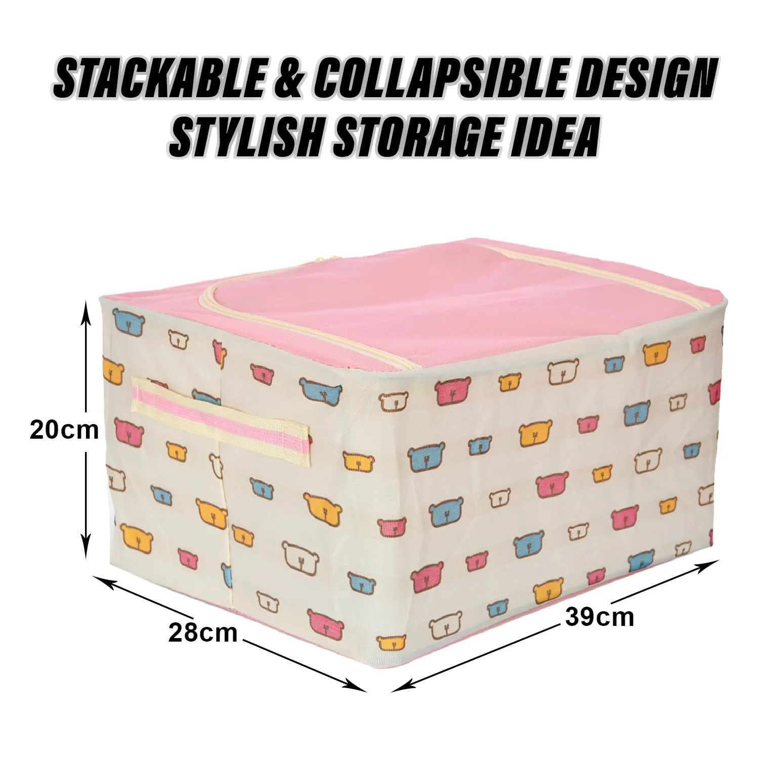 Heart Home Storage Box | Steel Frame Living Box | Storage Organizer For Clothes | Saree Cover for Woman | Teddy Print Cloth Organizer | 22 Liter | Pack of 2 | Pink