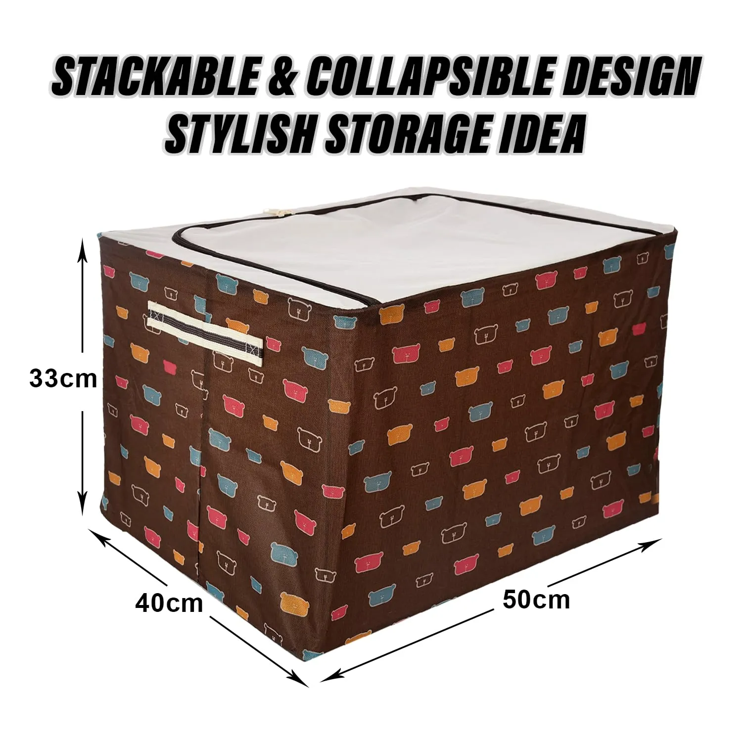 Heart Home Storage Box | Steel Frame Living Box | Storage Organizer For Clothes | Saree Cover for Woman | Teddy Print Cloth Organizer | 66 Liter | Brown