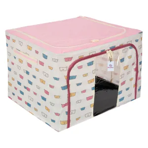 Heart Home Storage Box | Steel Frame Living Box | Storage Organizer For Clothes | Saree Cover for Woman | Teddy Print Cloth Organizer | 66 Liter | Pink