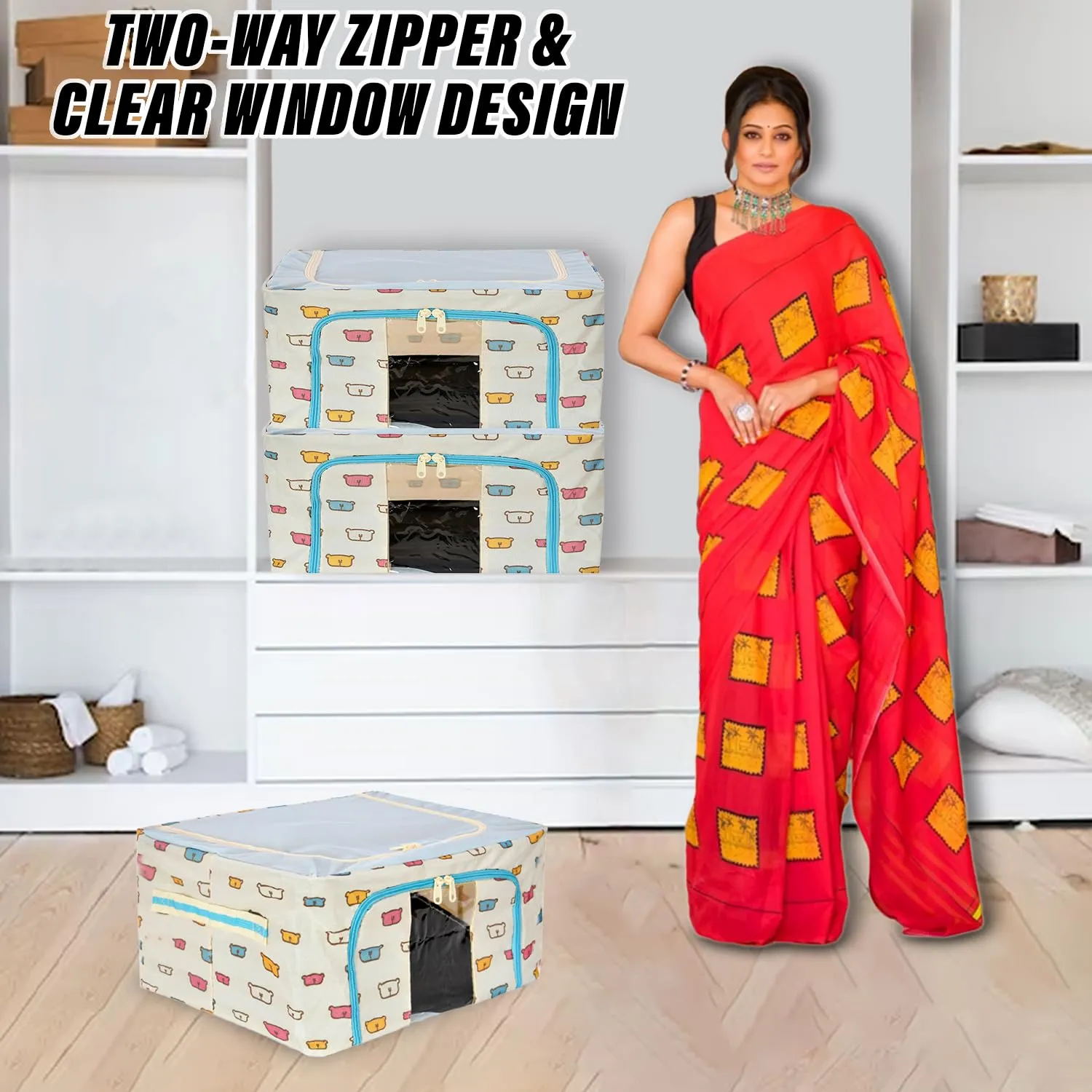 Heart Home Storage Box | Steel Frame Living Box | Storage Organizer For Clothes | Saree Cover for Woman | Teddy Print Print Cloth Organizer | 22 Liter | Pack of 2 | Sky Blue