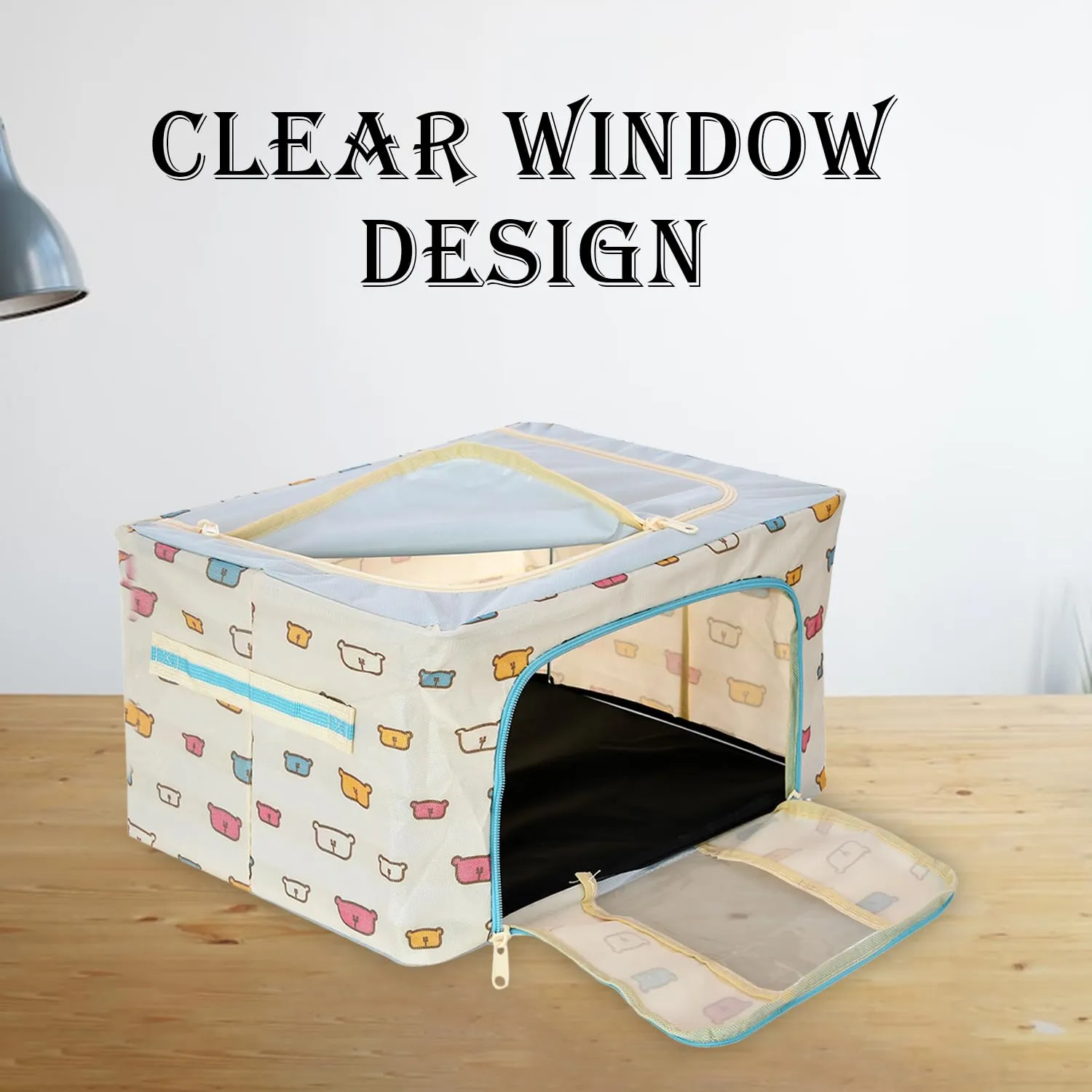 Heart Home Storage Box | Steel Frame Living Box | Storage Organizer For Clothes | Saree Cover for Woman | Teddy Print Print Cloth Organizer | 22 Liter | Pack of 2 | Sky Blue