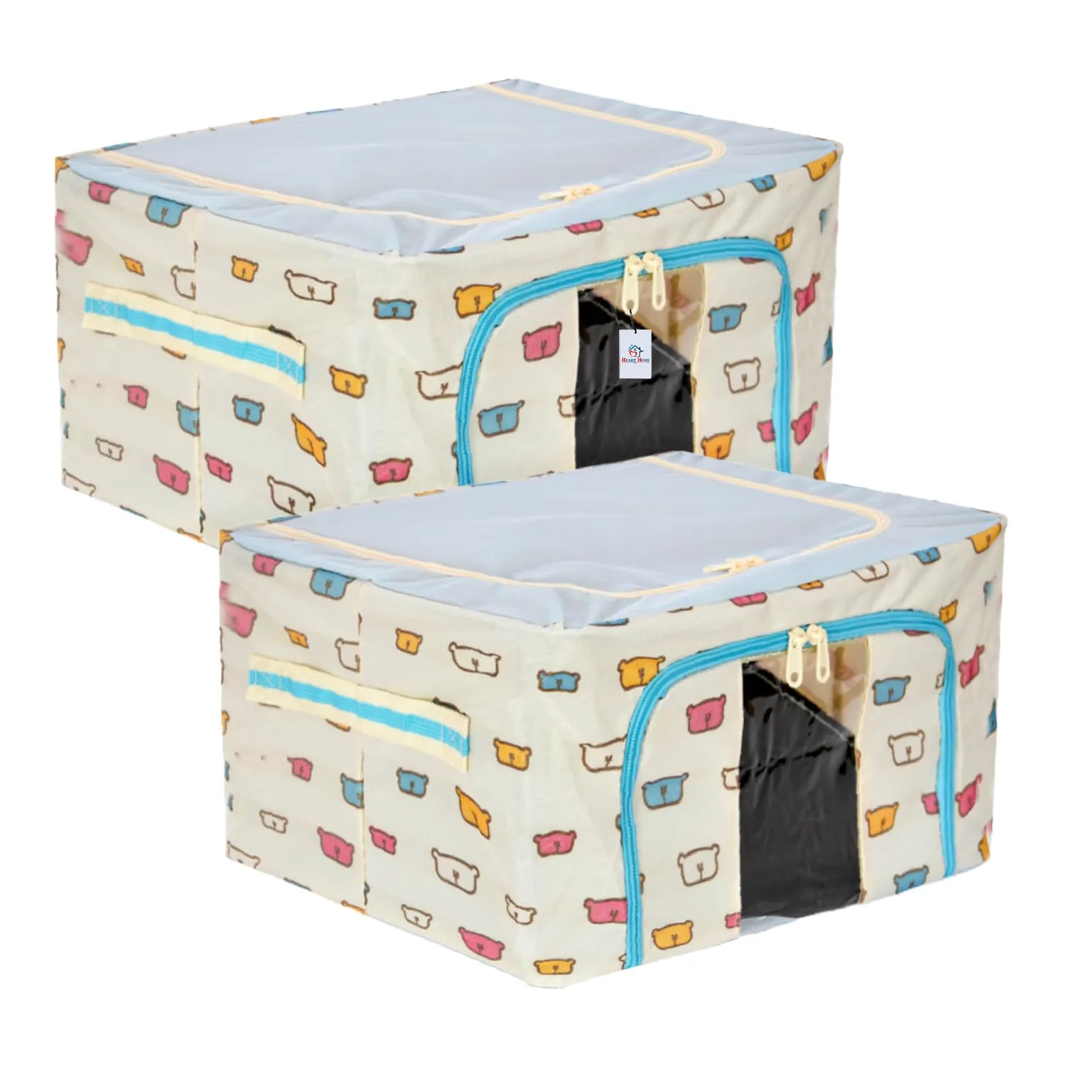 Heart Home Storage Box | Steel Frame Living Box | Storage Organizer For Clothes | Saree Cover for Woman | Teddy Print Print Cloth Organizer | 22 Liter | Pack of 2 | Sky Blue