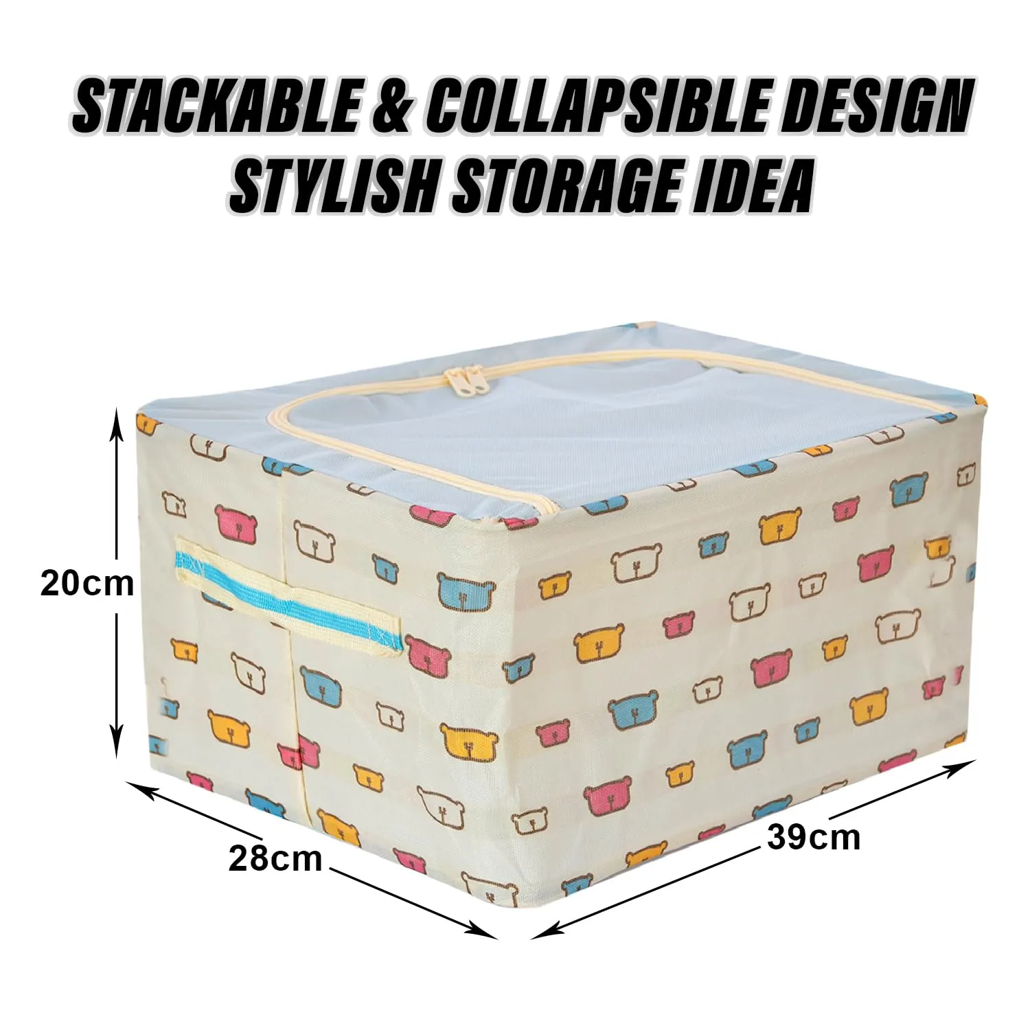 Heart Home Storage Box | Steel Frame Living Box | Storage Organizer For Clothes | Saree Cover for Woman | Teddy Print Print Cloth Organizer | 22 Liter | Pack of 2 | Sky Blue