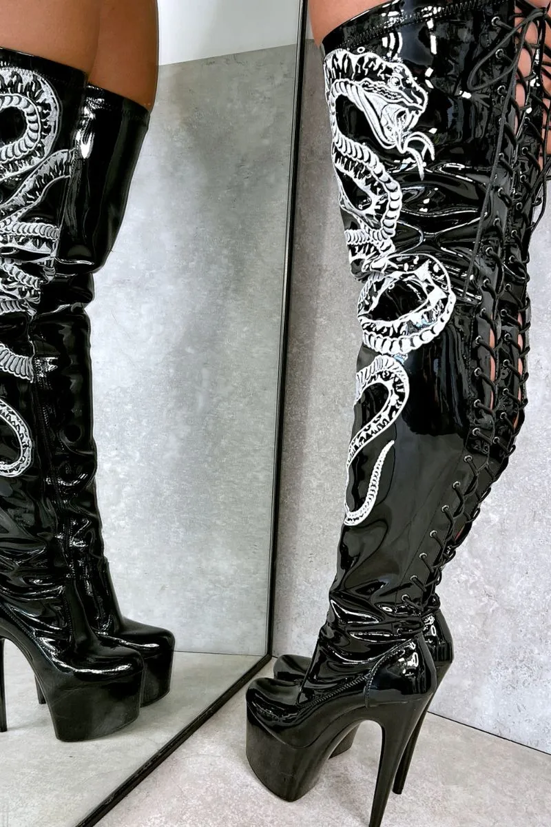 Hella Heels Thicc Thigh High 7inch Boots - Black/White Snake