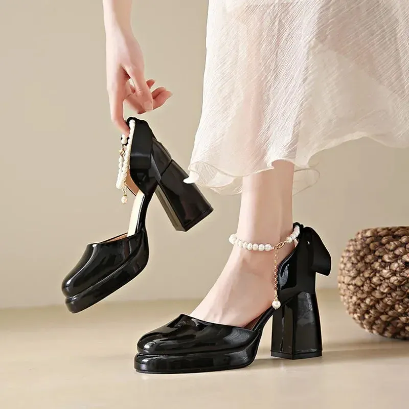 Hnzxzm Chunky High Heels Women Pumps Bow Tie Thick Heel Lolita Shoe Ladies Patent Leather Cosplay Shoes Pearl Chains Platform Mary Jane