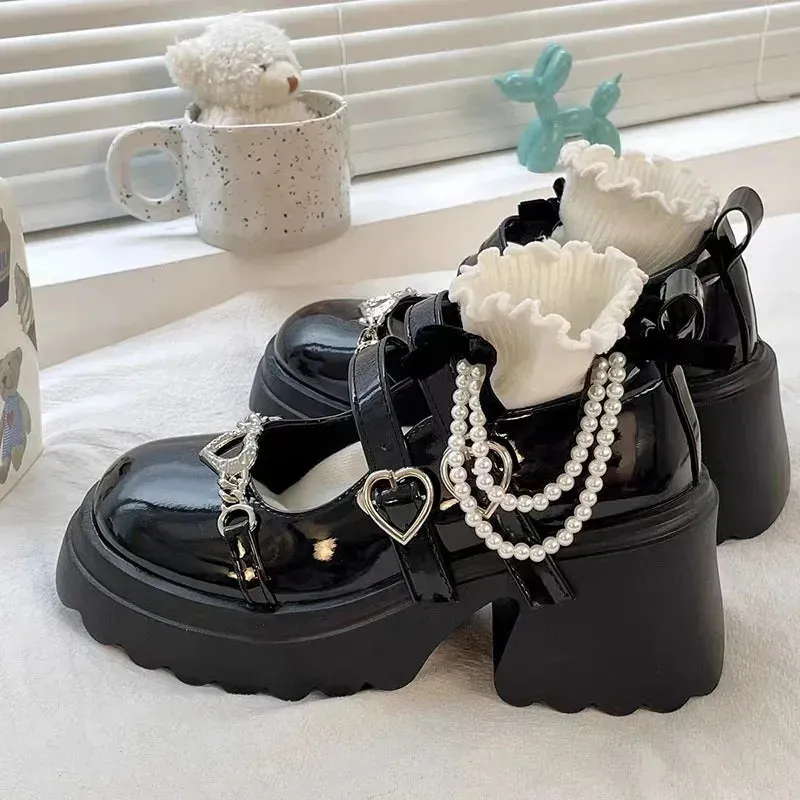 Hnzxzm Sweet Heart-Shaped Buckle Lolita Shoes Women Patent Leather Platform Mary Janes Woman Metal Decoration Chunky Heels Pumps