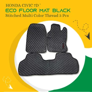 Honda Civic 7D Eco Floor Mat Black Stitched Multi Color Thread 3 Pcs - Model 2006-2012