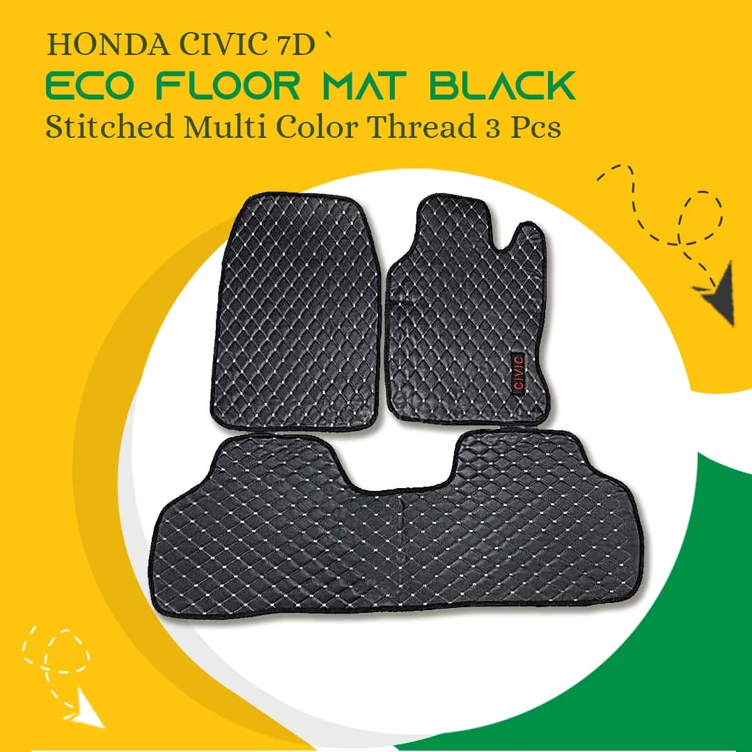 Honda Civic 7D Eco Floor Mat Black Stitched Multi Color Thread 3 Pcs - Model 2006-2012