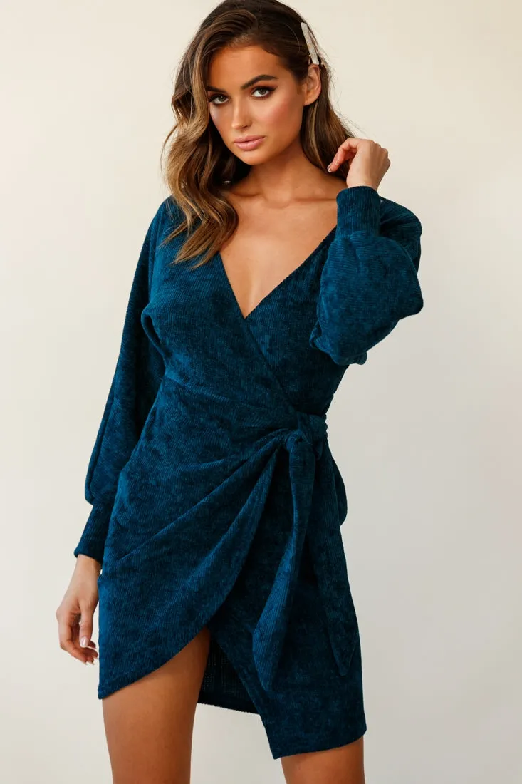 Isolde Ribbed Velour Wrap Dress Teal