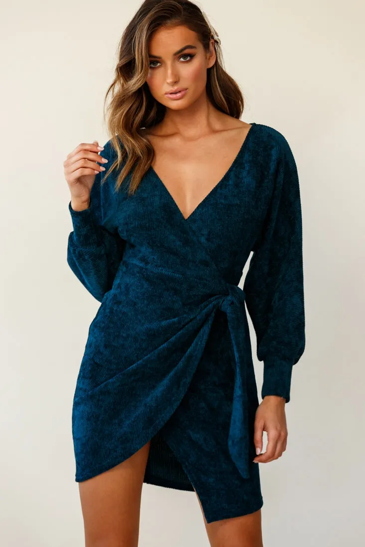 Isolde Ribbed Velour Wrap Dress Teal