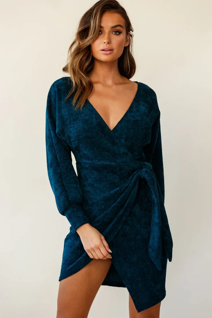 Isolde Ribbed Velour Wrap Dress Teal