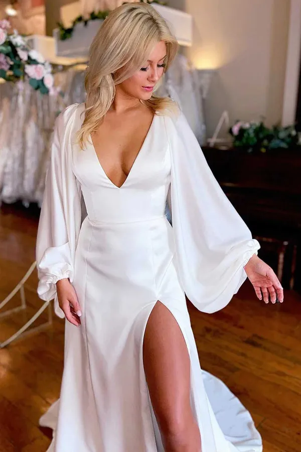 Ivory V-Neck Long Sleeve Wedding Dresses Simple Wedding Dresses WD721