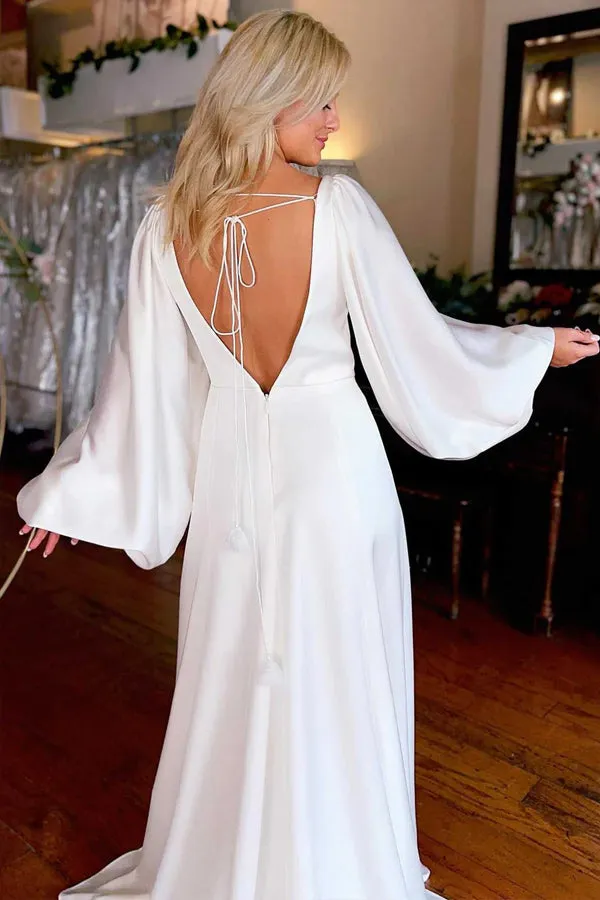 Ivory V-Neck Long Sleeve Wedding Dresses Simple Wedding Dresses WD721