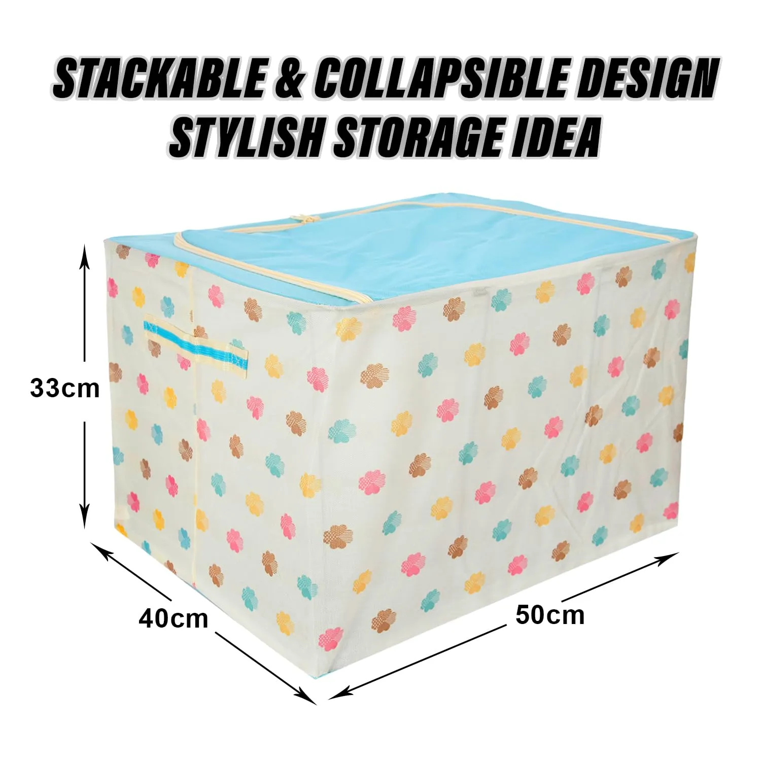 Kuber Industries Storage Box | Steel Frame Living Box | Storage Organizer For Clothes | Saree Cover for Woman | Multi Flower Print Cloth Organizer | 66 Liter | Sky Blue