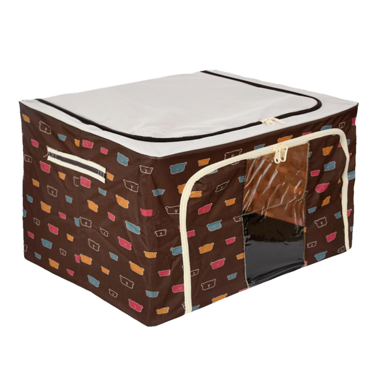 Kuber Industries Storage Box | Steel Frame Living Storage Box | Storage Organizer For Clothes | Saree Cover for Woman | Teddy Print Cloth Storage Organizer | 66 Liter | Brown