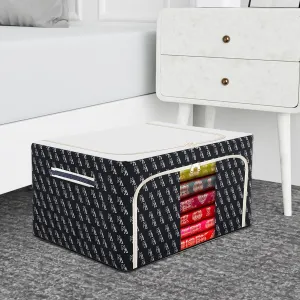 Kuber Industries Storage Box | Steel Frame Storage Box | Clothes Storage Box | Storage Box for Clothes | Blankets | VN Print Living Box | Wardrobe Organizer | 66 Liter | Black