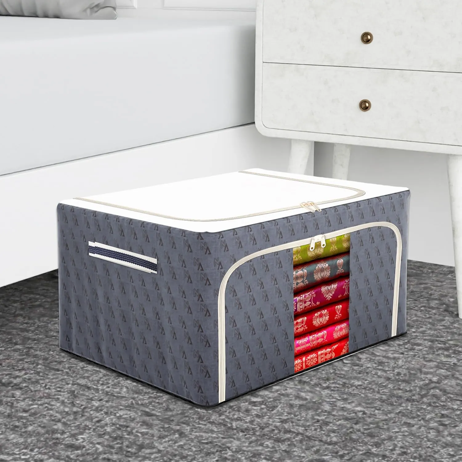 Kuber Industries Storage Box | Steel Frame Storage Box | Clothes Storage Box | Storage Box for Clothes | Blankets | VN Print Living Box | Wardrobe Organizer | 66 Liter | Gray