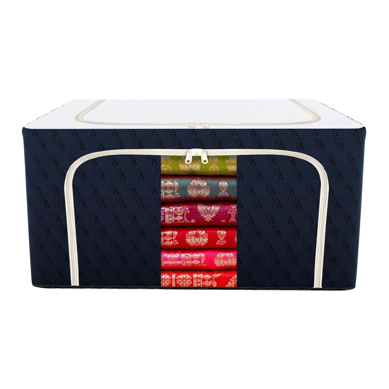 Kuber Industries Storage Box | Steel Frame Storage Box | Clothes Storage Box | Storage Box for Clothes | Blankets | VN Print Living Box | Wardrobe Organizer | 66 Liter | Navy Blue