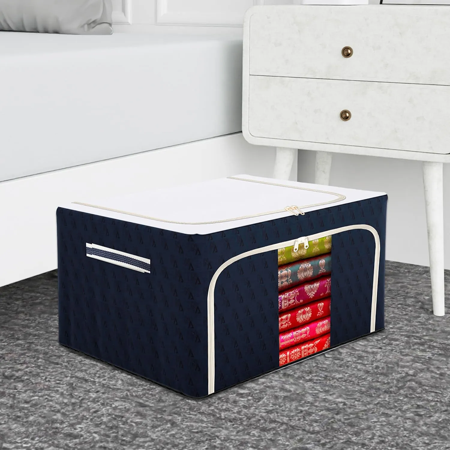 Kuber Industries Storage Box | Steel Frame Storage Box | Clothes Storage Box | Storage Box for Clothes | Blankets | VN Print Living Box | Wardrobe Organizer | 66 Liter | Navy Blue