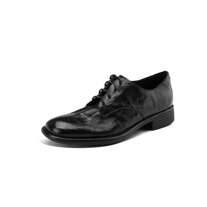 Leather Derby Shoes for Women Round Toe Soft Lace Up Oxford Shoes in Black/Brown