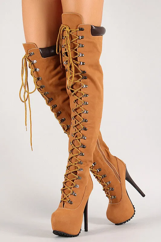 Leatherette Almond Toe Lace Up Thigh High Stiletto Platform Boot