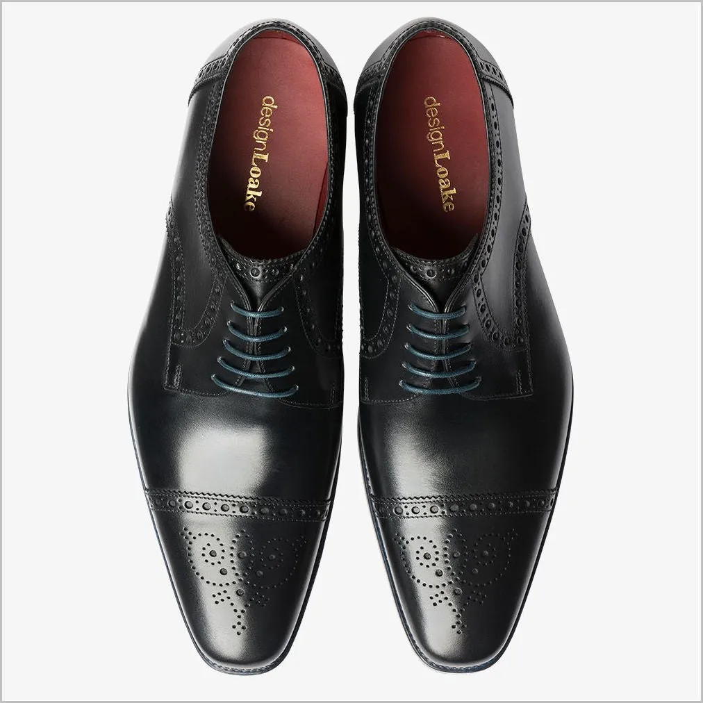 Loake Foley Black Leather Semi Brogue Derby Shoe--