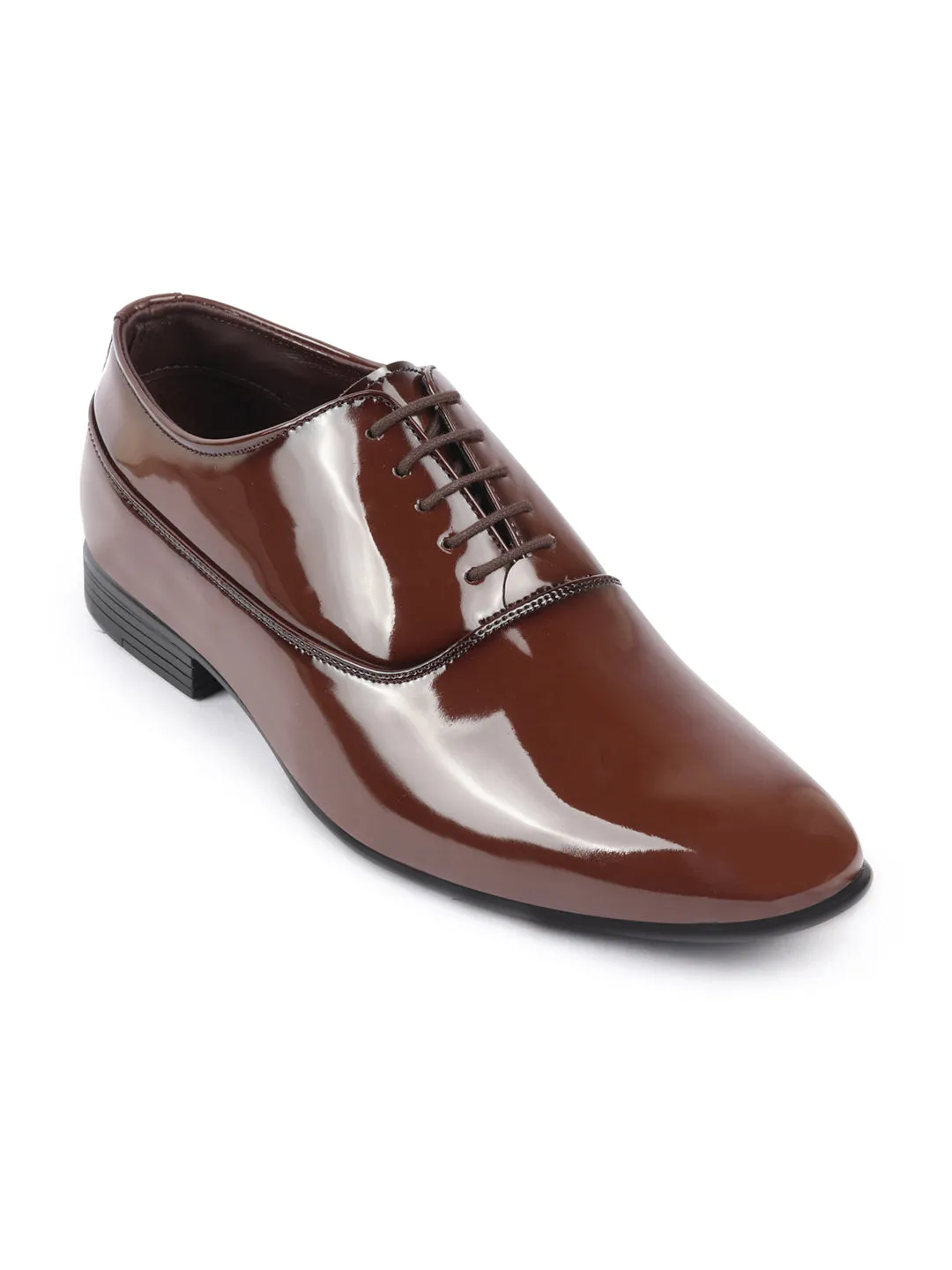 Men Tan Patent Leather Party Formal Office Lace Up Derby Shoes