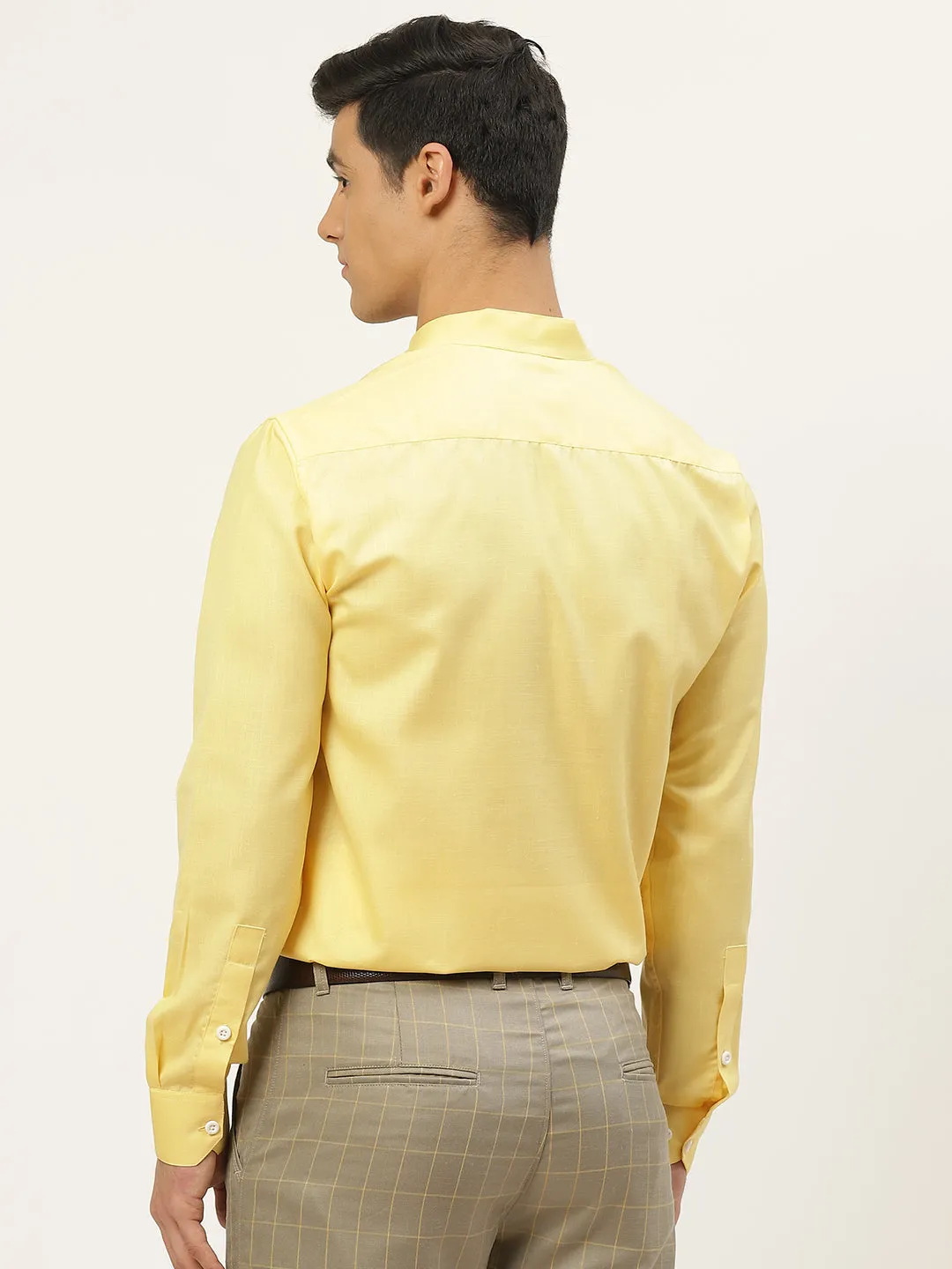 Mens Cotton Linen Lemon Yellow Chinese Collar Shirt - Sojanya