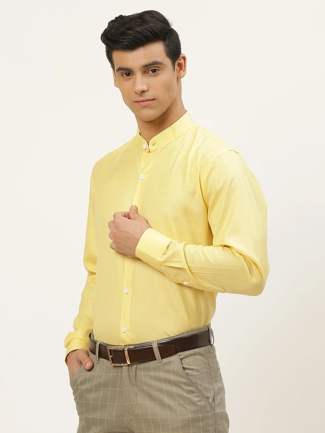 Mens Cotton Linen Lemon Yellow Chinese Collar Shirt - Sojanya