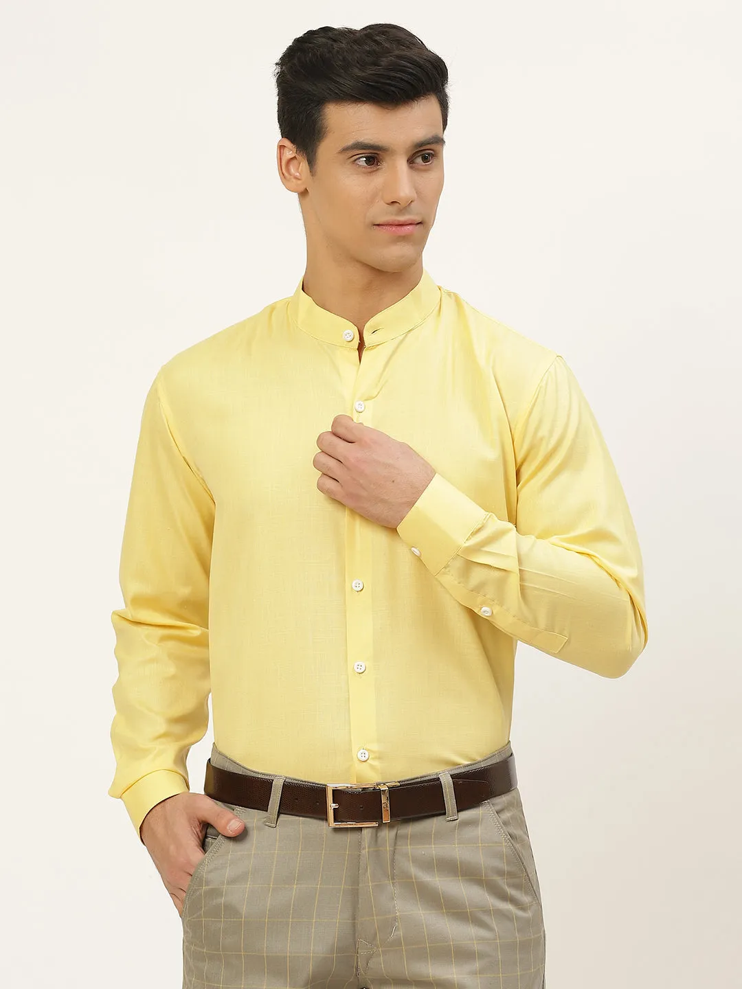 Mens Cotton Linen Lemon Yellow Chinese Collar Shirt - Sojanya